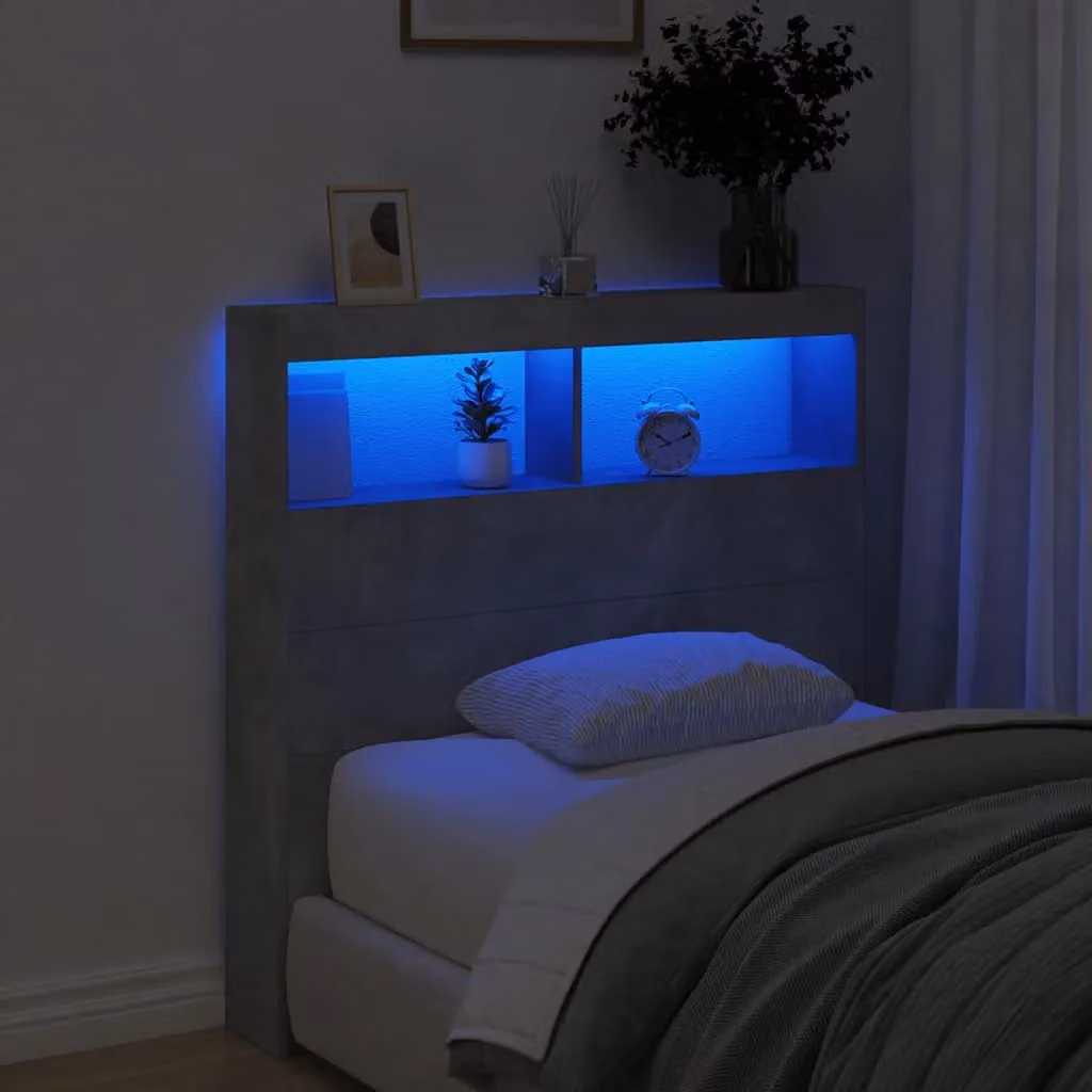 Berkfield Home Modern Wall Mount Headboard Cabinet with LED Lighting and USB Charging Port in Matt Concrete Grey, W/D/H: 100 x 17 x 102 cm – 2