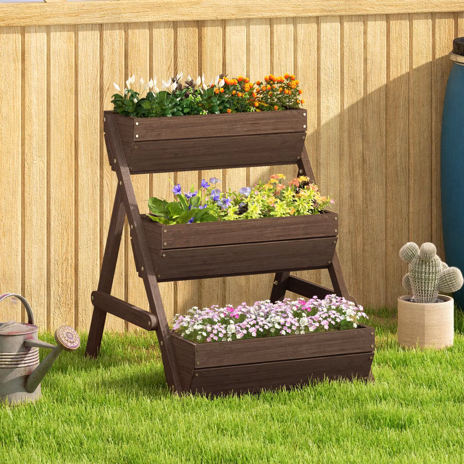 Outsunny 3 Tier Wooden Raised Garden Bed Elevated Planter Box in Sand, W/D/H: 65 x 75 x 78 cm – 2