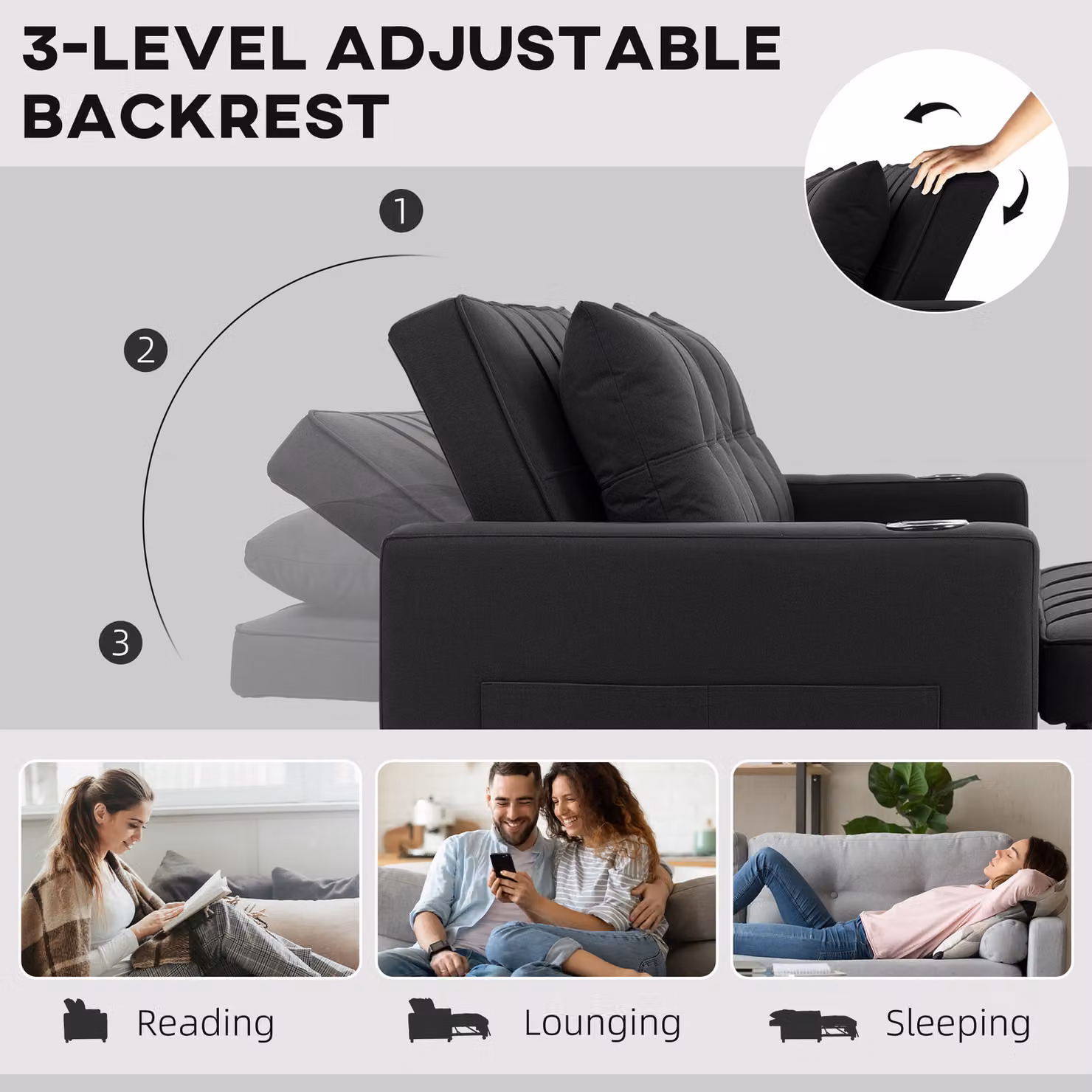 HOMCOM Two-Seater Click-Clack Pull-Out Sofa Bed with Cup Holders in Black – 5