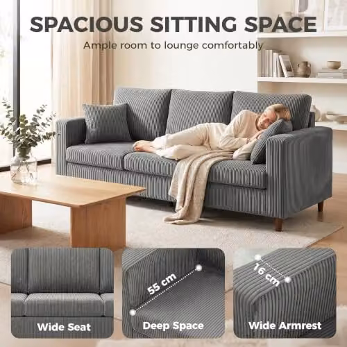 HOMCOM 3 Seater Corduroy Upholstered Sofa in Grey, W: 225 cm – 3