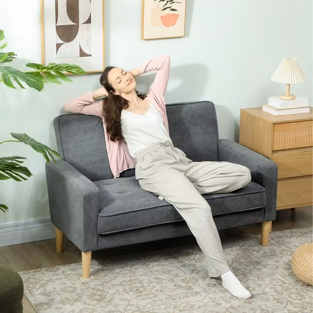 HOMCOM 2 Seater Velvet Upholstered Sofa in Grey with Rubberwood Legs