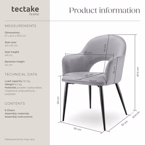 tectake Set of 6 Velvet Look Dining Chairs with Curved Backrests and Steel Legs in Light Grey, W/D/H: 57 x 61.5 x 87.5 cm – 3