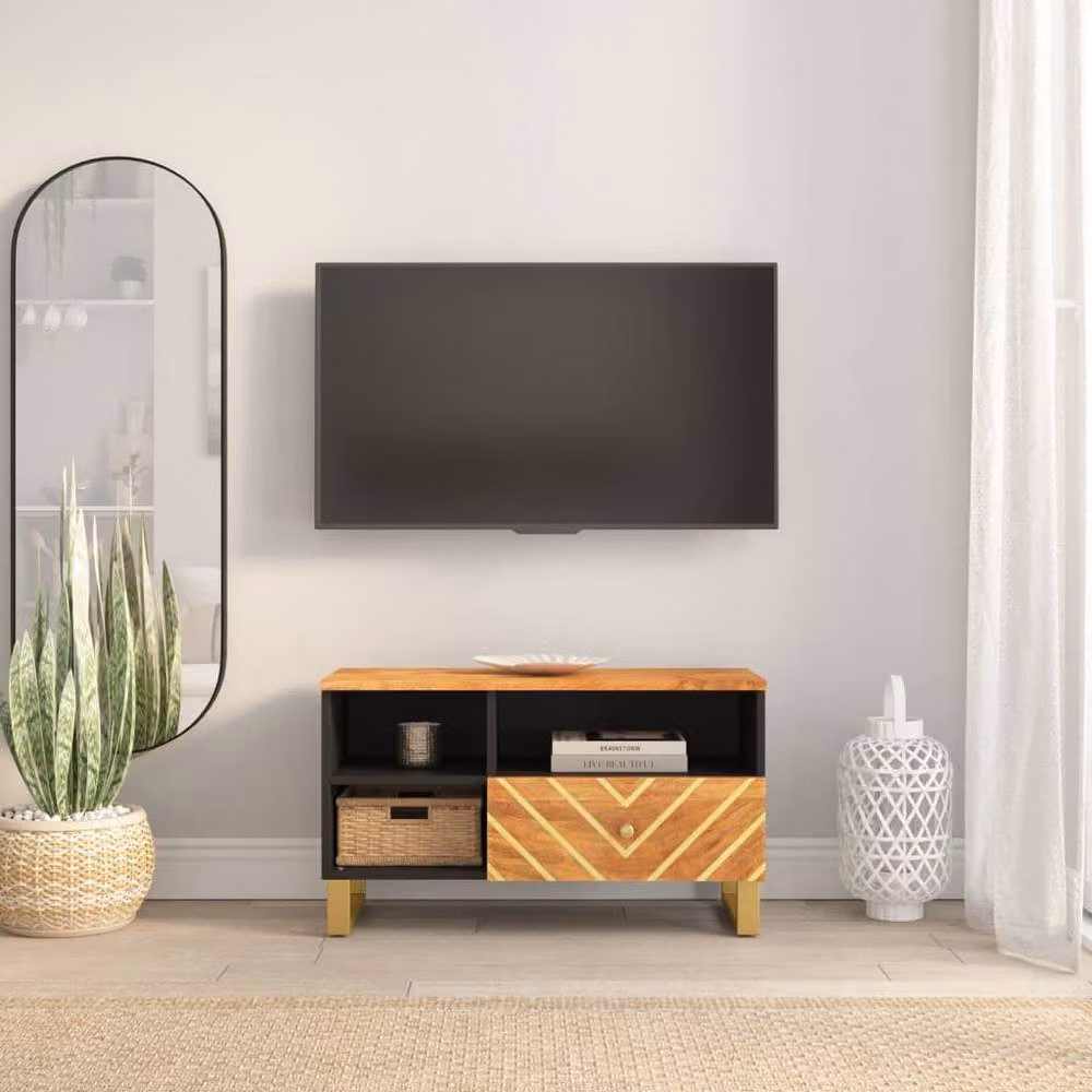 Berkfield Home Modern Geometric TV Cabinet in Brown and Black Solid Mango Wood, W: 80 cm, D: 33.5 cm, H: 46 cm – 2