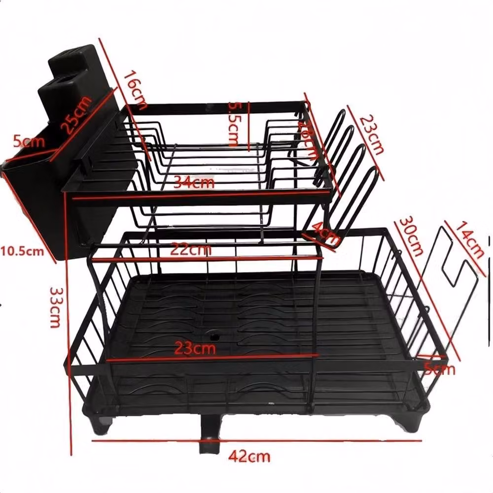Nordara 2 Tier Kitchen Dish Drainer Rack with Cutlery and Cup Holder in Black – 2