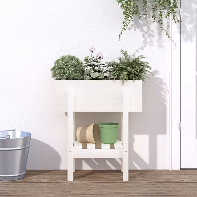 Berkfield Home White Solid Wood Pine Garden Planter Tub W: 62 cm, D: 30 cm, H: 69 cm – 1