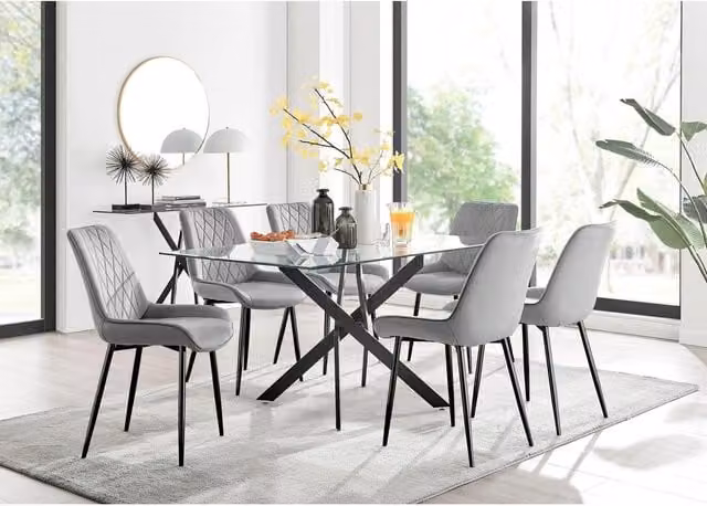 FurnitureboxUK Leonardo Glass Dining Table with 6 Grey Pesaro Chairs and Black Legs