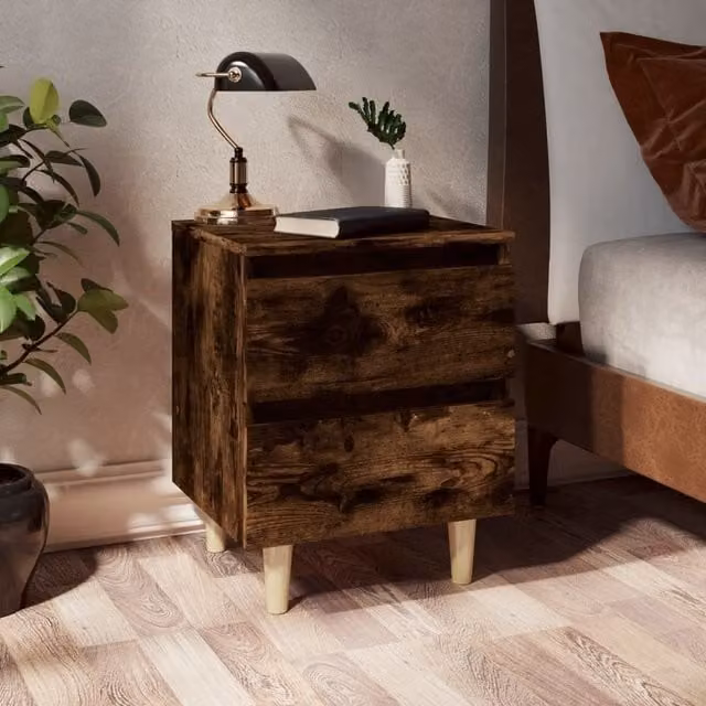 Berkfield Home Bed Cabinet in Smoked Oak Brown with Solid Wood Legs, W/D/H: 40 x 35 x 50 cm