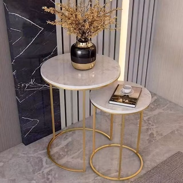 EONLION Modern Round Nesting Coffee Table with White Marble Tops and Gold Sled Base, Width: 100 cm