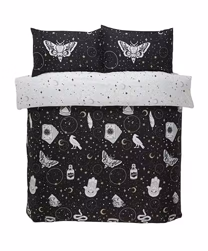 Rapport Home Gothic Magick Duvet Cover Set in Black with Skull, Moon and Stars Design, includes 2 Pillowcases, W/D/H: 200 x 200 cm and 50 x 75 cm – 3