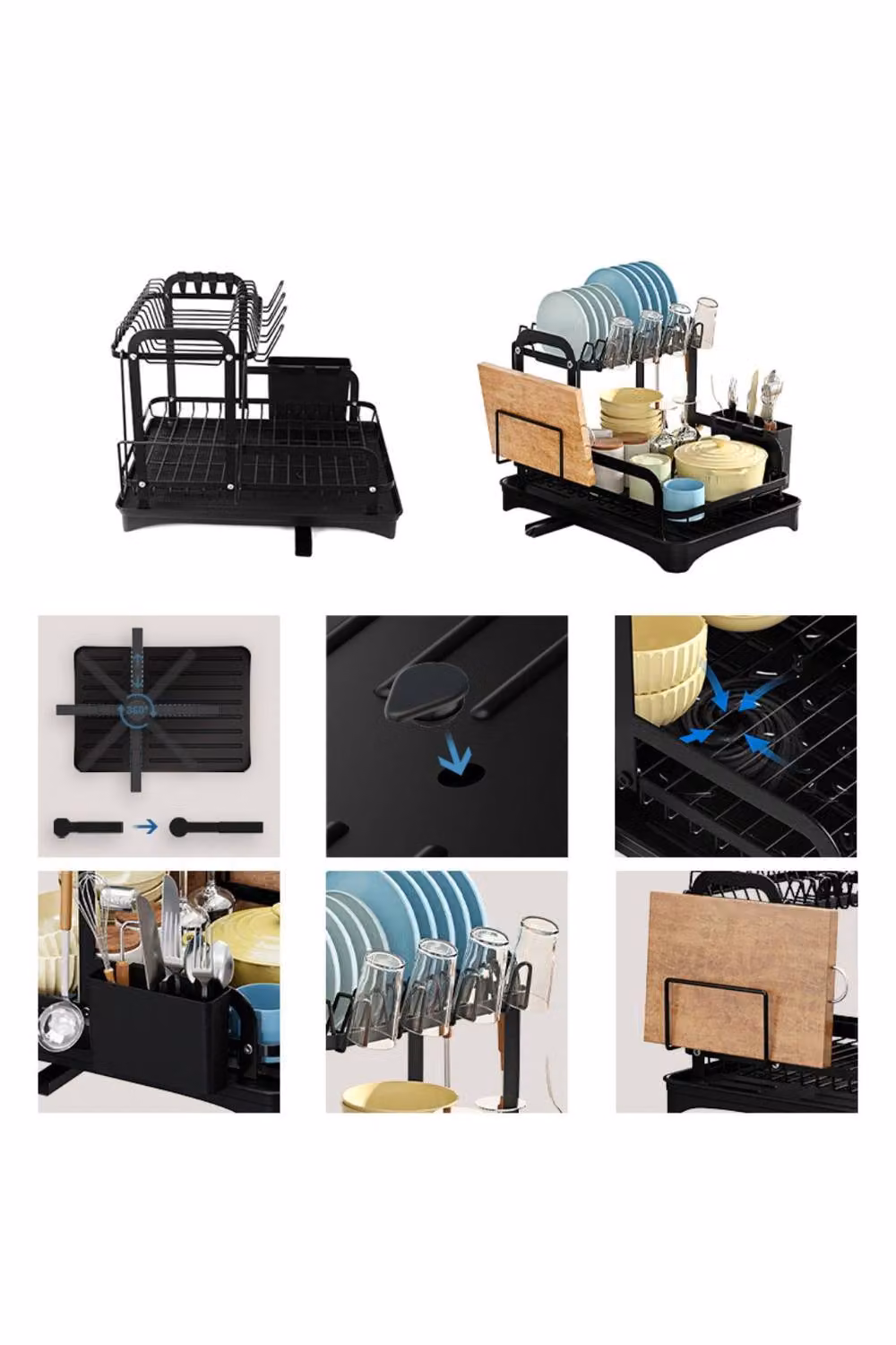 KDMD 2 Tier Dish Drainer Rack with Removable Drainboard and Cutlery Holder, Black – 5