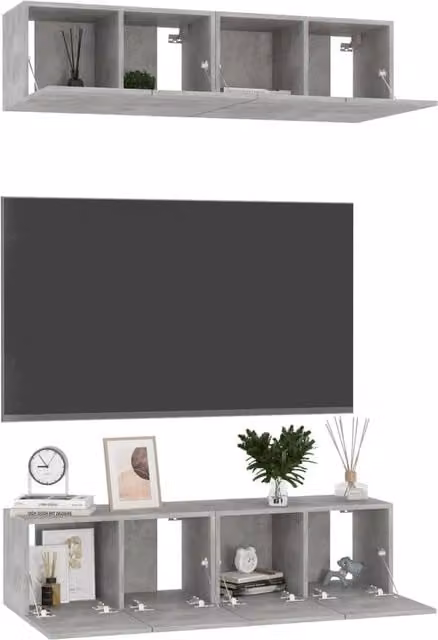 Berkfield Home Set of 4 Modern TV Cabinets in Concrete Grey Engineered Wood W/D/H: 60 x 30 x 30 cm