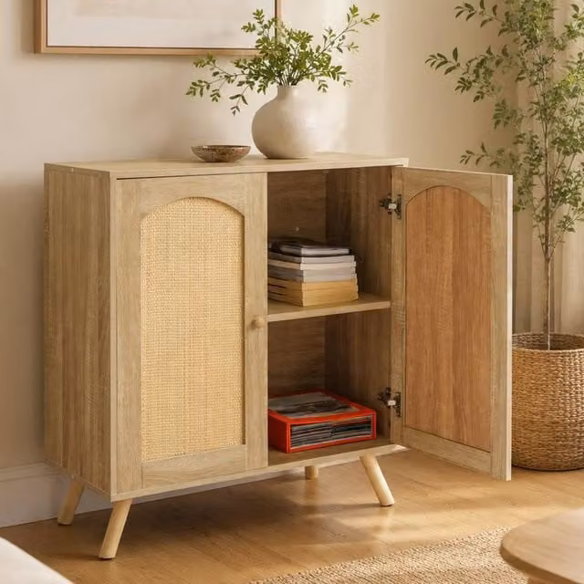Abrihome Rattan Sideboard Cabinet with 2 Doors and Adjustable Shelf in Beige and Sand