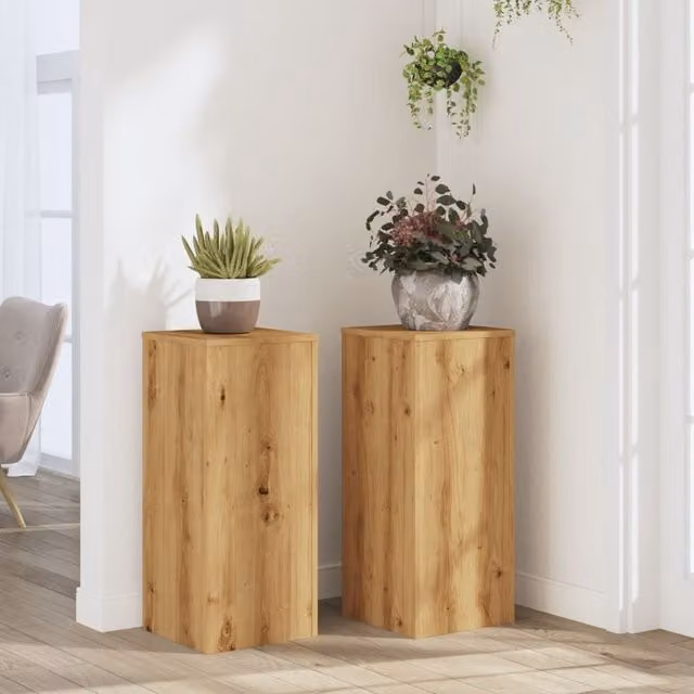 Berkfield Home Artisan Oak Plant Stands, 2 Pack, Brown, W/D/H: 30 x 30 x 70 cm – 1
