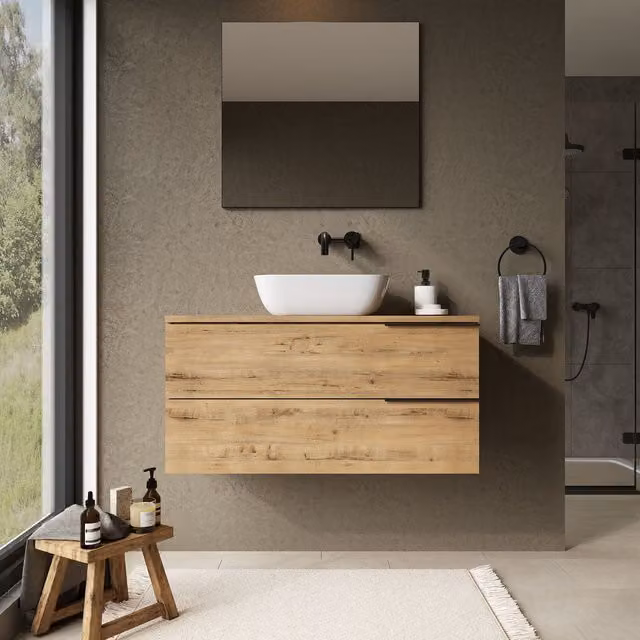 Banyetti Celtic Wall Hung Bathroom Vanity Unit with Matching Worktop in Ostippo Light Oak, W: 100 cm, H: 45 cm, D: 48 cm