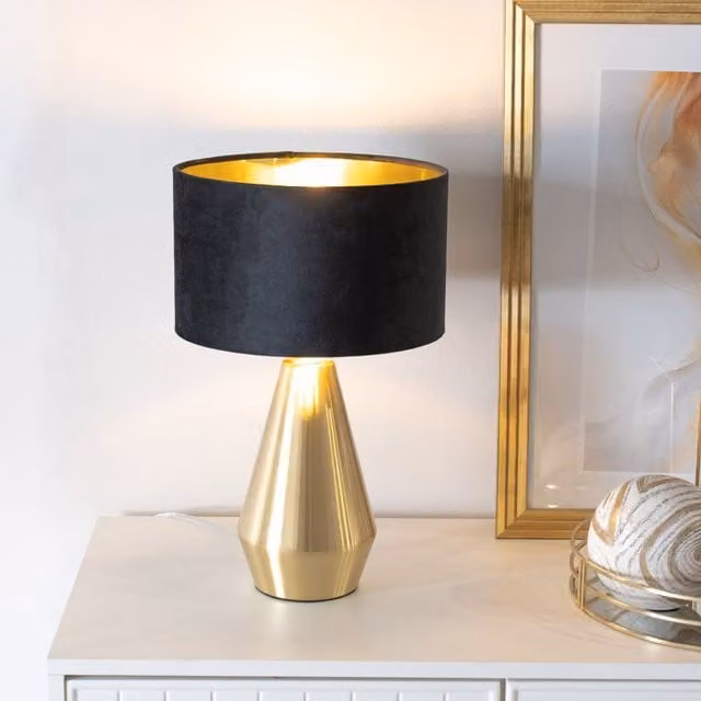 ValueLights Jax Dimmable Touch Table Lamp in Black and Gold with Velvet Drum Shade and Bulb Included