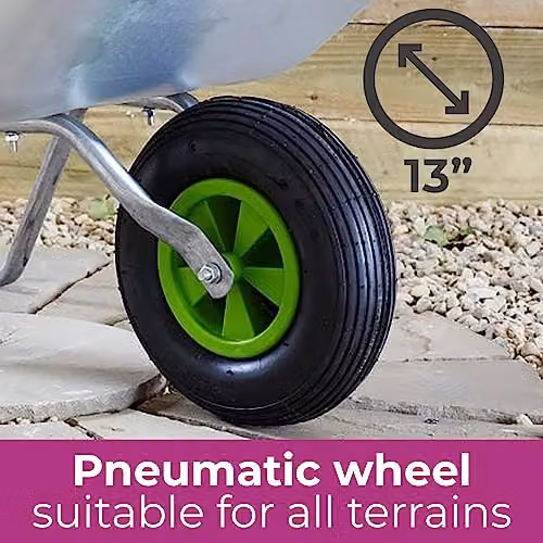 Neo Galvanised Metal Home Garden Cart Wheelbarrow with Pneumatic Tyre, Silver (65L) – 5