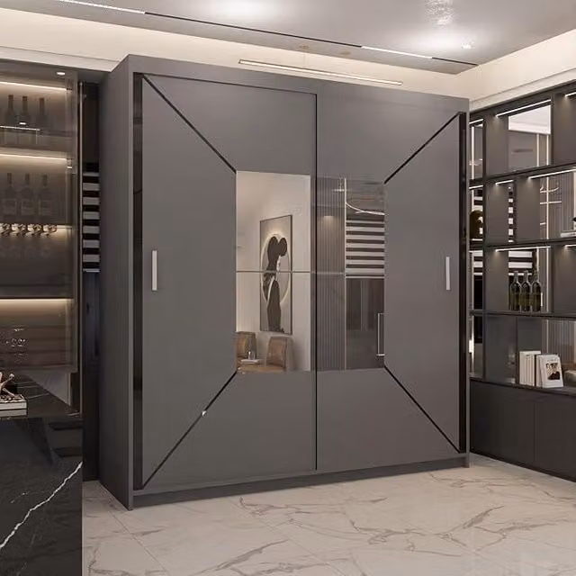 Sliding Wardrobes 4U Modern Double Sliding Wardrobe with Integrated LED Light, Grey, W: 180 cm, H: 217 cm, D: 62 cm