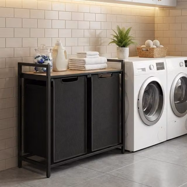 VASAGLE Laundry Basket with 2 Compartments and 2 Removable Liners, Black