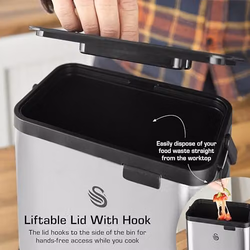 Swan 3L Stainless Steel Kitchen Compost Caddy in Silver with Flip Lid and Removable Inner Bucket – 3