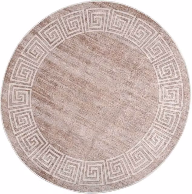Berkfield Home Washable Round Geometric Rug in Beige with Anti Slip Base, Diameter: 100 cm