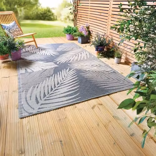 Coopers of Stortford Grey Floral Outdoor Garden Rug, W/D/H: 120 x 180 cm