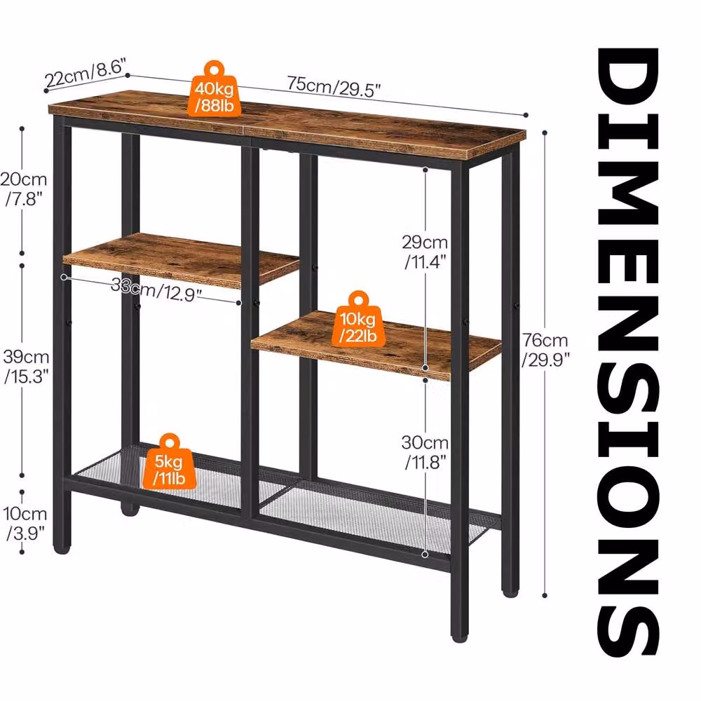 FURNOS 4 Tier Slim Hallway Console Table with Storage Shelves in Brown and Black – 6