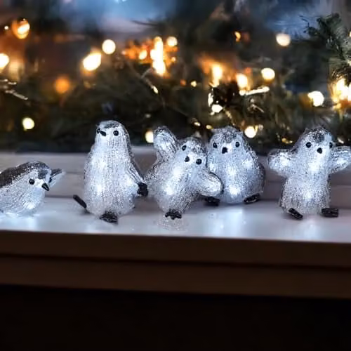 mysmartbuy Set of 5 Silver Acrylic Light Up Penguin Ornaments with 8 LEDs and Timer, H12 x W11 x D11 cm – 2