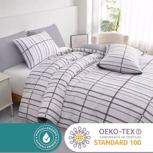 Pamposh Single Reversible Checked Duvet Cover Set in White, Microfibre, W/D/H: 135 x 200 cm with 50 x 75 cm Pillowcase – 2