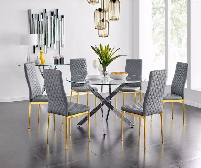 FurnitureboxUK Novara Round Glass Dining Table and Six Milan Chairs with Gold Legs in Grey, White, Black and Gold