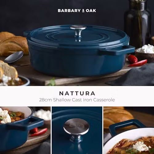 Barbary & Oak Nattura 28cm Shallow Cast Iron Casserole with Enamel Interior and Self Basting Lid, Agave Blue/Green, 3.6L – 6