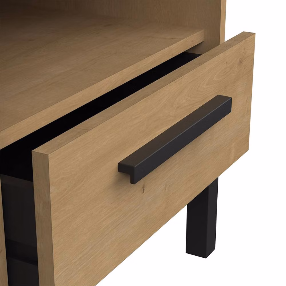 CALICOSY Bedside Table with 1 Drawer and 1 Niche in Light Brown Oak and Matte Black Finish – 4