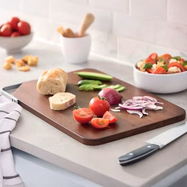 Sur La Table Rectangular Brown Wood and Metal Chopping Board with Handle