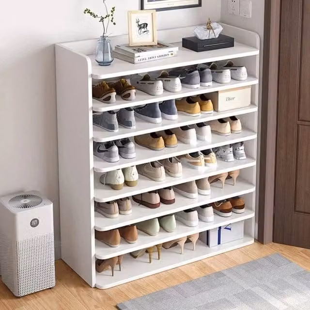 FLAVORA 8-Tier White Wooden Hallway Shoe Rack with Open Shelves, W: 100 cm, D: 15 cm – 1