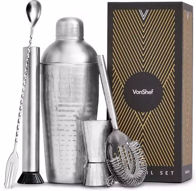 VonShef 5 Piece Stainless Steel Cocktail Shaker Set in Silver