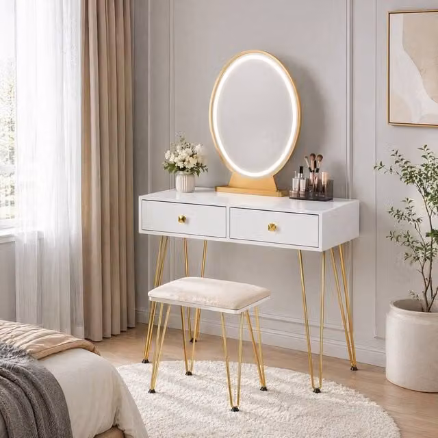 STILVORA Modern Dressing Table Set with LED Mirror and Stool in White and Gold