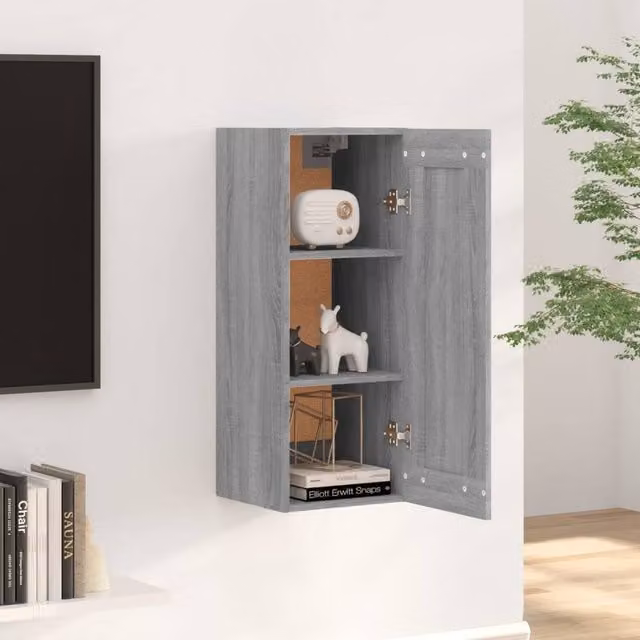 Berkfield Home Grey Sonoma Wall Mounted Cabinet with Hinged Doors and Internal Shelves, W/D/H: 35 x 34 x 90 cm – 1