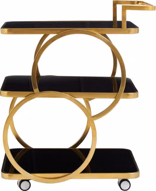 Orsina Alvaro Art Deco Drinks Trolley with Black Glass and Gold Metal Finish