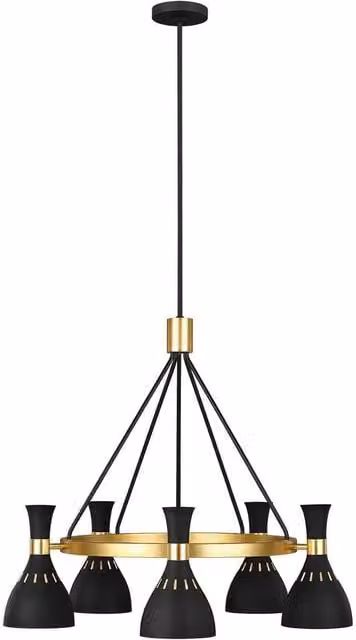 Loops 5 Bulb Modern Suspended Chandelier in Midnight Black and Burnished Brass with E27 LED Compatibility