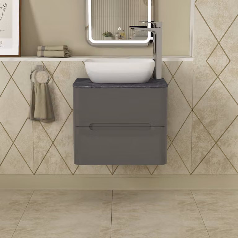 Royal Bathrooms Infinity 600mm Gloss Anthracite Wall Hung Vanity Unit with 2 Drawers and Black Star Worktop