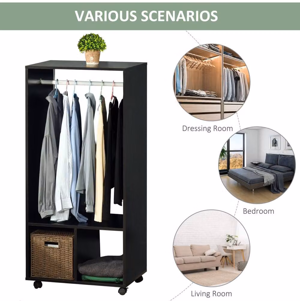 STILVORA Modern Open Wardrobe with 2 Shelves and Wheels in Matt Black – 4
