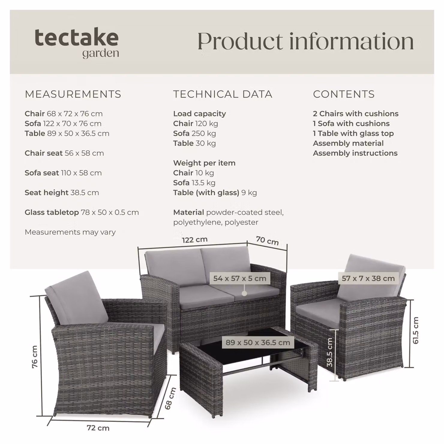 tectake Jesolo Garden Furniture Set in Light Grey for 4 People – 6