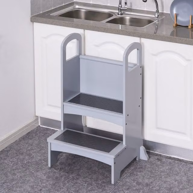 HOMCOM Kids Wooden 2-Step Stool Mini Ladder Assistance Unit with Non-Slip Panels, Grey – 1