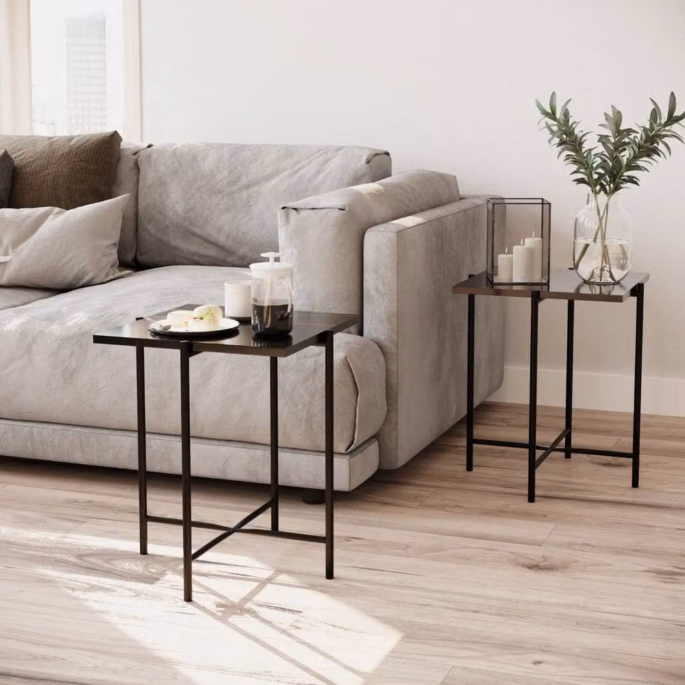 Havendro Set of 2 Black Square Marble Effect Coffee Tables with Metal Frame – 2