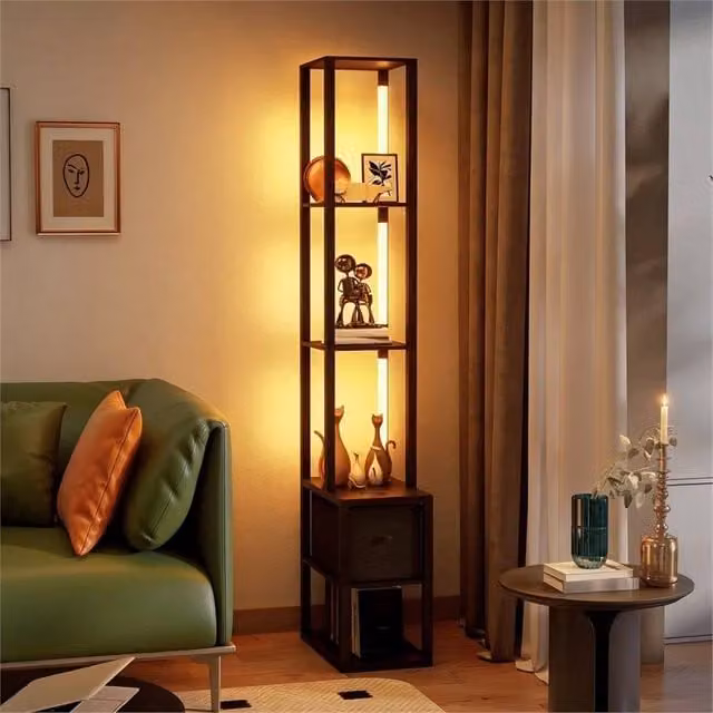EONLION Modern Black LED Floor Lamp with Shelves and Warm White Light, H 169 cm x W 26.5 cm x D 26.5 cm
