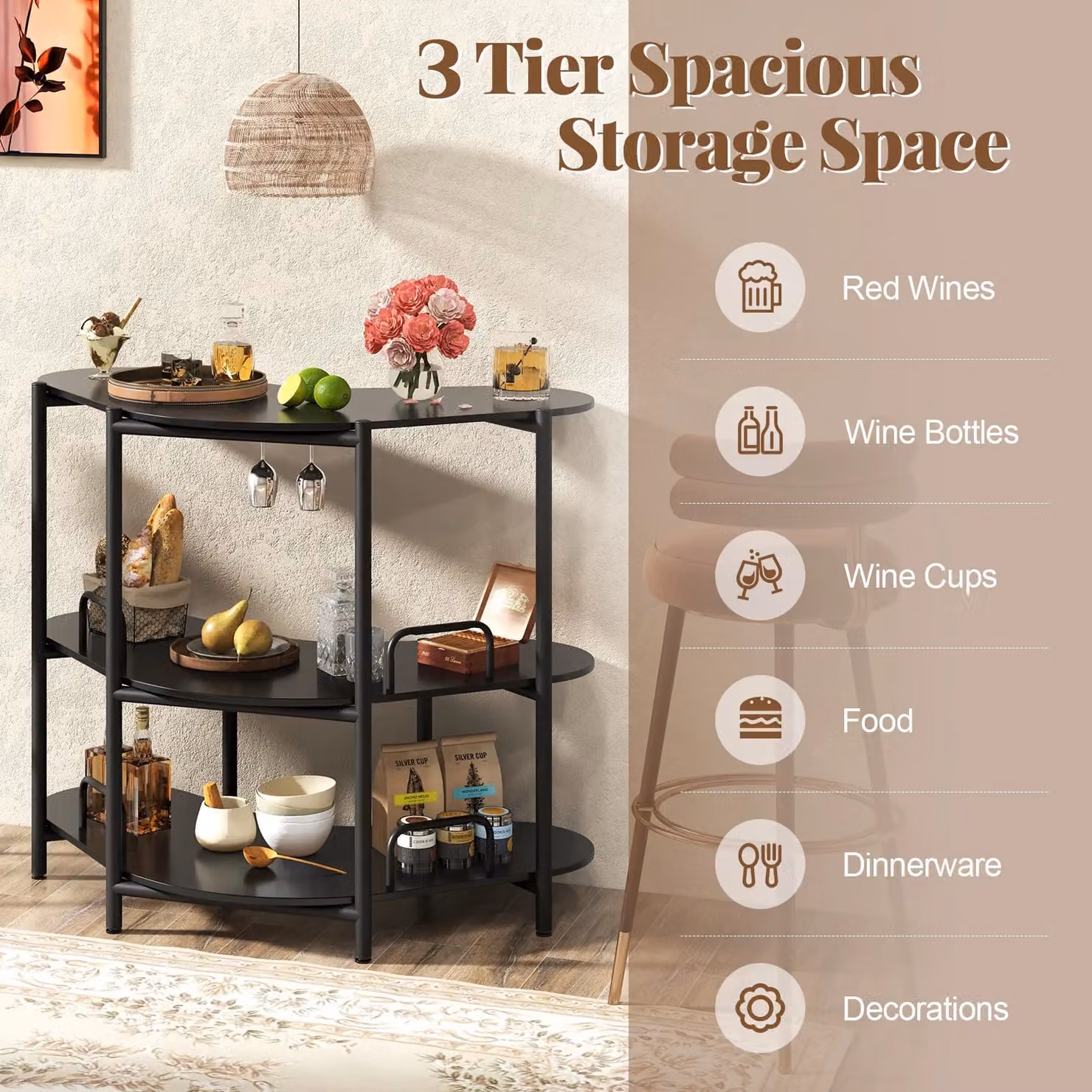 Gymax 3-Tier Industrial Corner Bar Unit with Wine Glass Holder in Black – 4