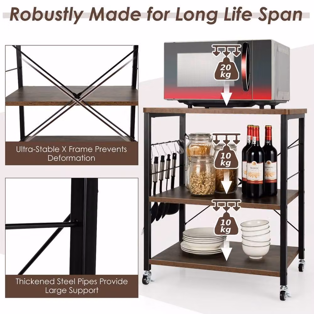 VOGREX 3-Tier Rolling Microwave Cart with Adjustable Shelves in Rustic Brown – 4