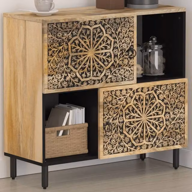 Berkfield Home Retro Solid Mango Wood Side Cabinet in Brown, W/D/H: 80 x 33 x 75 cm