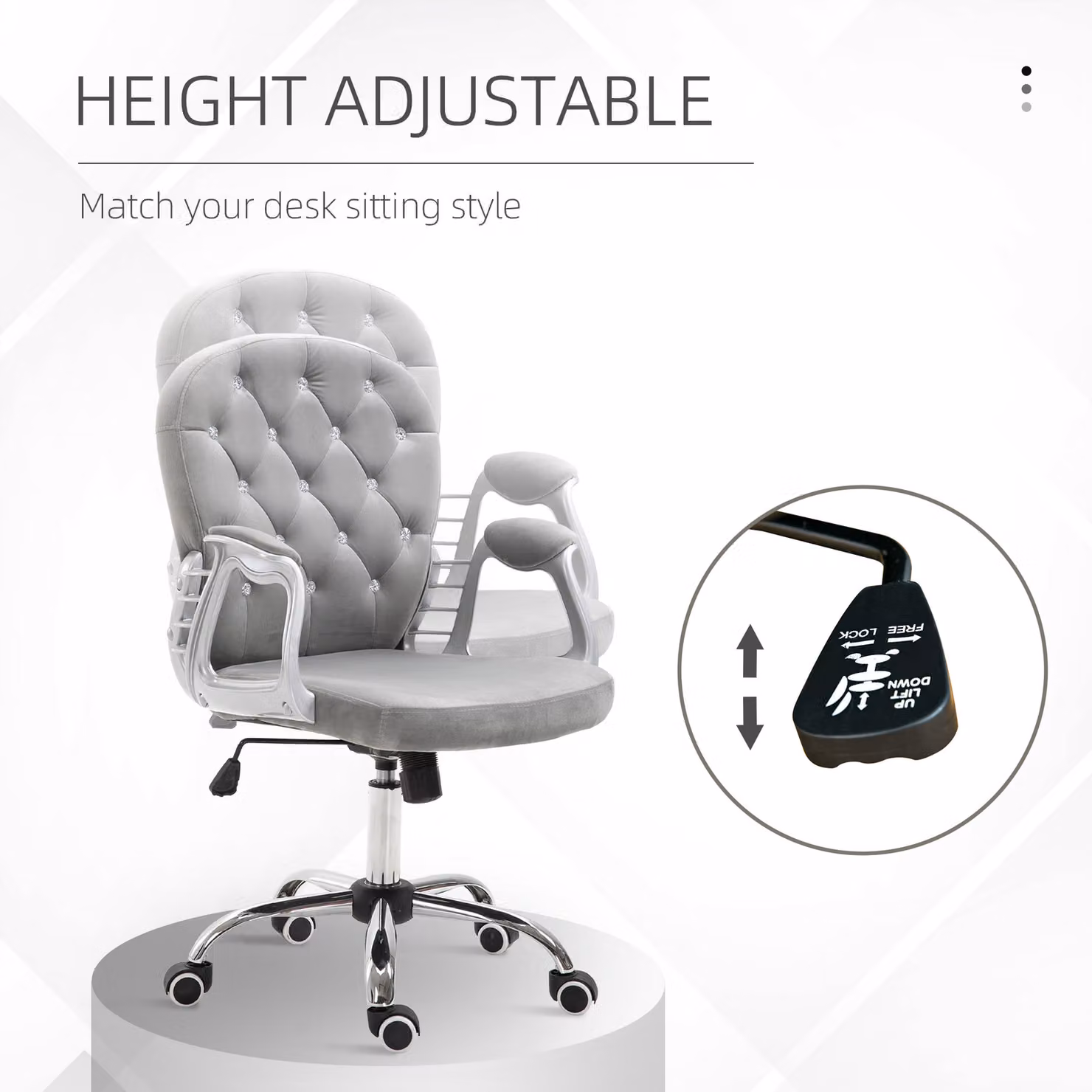 Vinsetto Ergonomic Grey Velvet Office Chair with Diamond Tufted Design and 360 Degree Swivel – 3