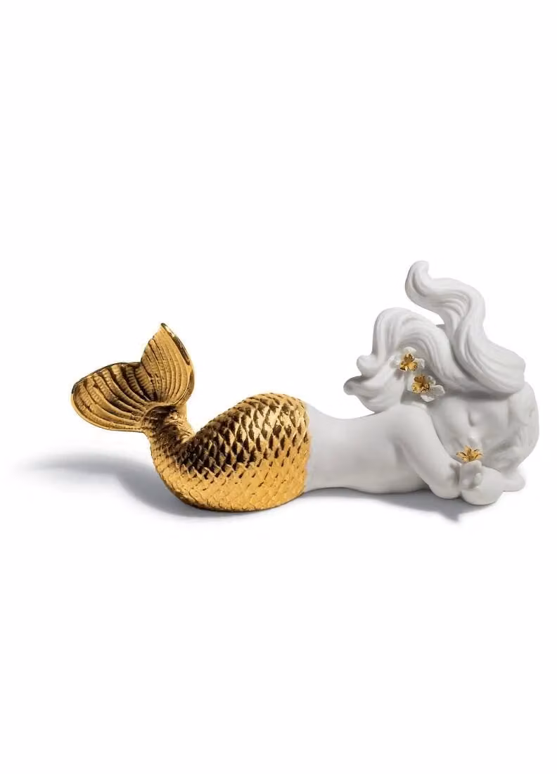 Lladró Day Dreaming at Sea Mermaid Porcelain Figurine in Gold and White