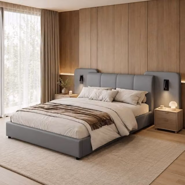 STILVORA Grey Upholstered Double Bed with USB Charging Port, Integrated Reading Light and Under-Bed Lighting, W/D/H: 140 x 200 x 135 cm